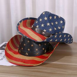 Western Cowboy Hat American Flag Jazz Hats Vintage Men Caps Wide Brim Hats Outdoor Casual Western Cowboy Summer Sun Protection Hats Independence Day