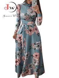 Basic Casual Dresses Women Summer Long Dress Casual Long Sleeve Boho Floral Print Maxi Dress Turtleneck Bandage Elegant Party Dresses Vestidos 230818