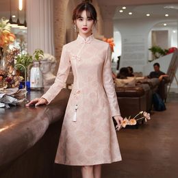 Ethnic Clothing Vintage Style Stand Collar Long Sleeve Cheongsam Chinese Traditional Qipao Dress Women DD854