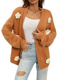 Womens Knits Tees Women Fashion Wild Cardigan Flower Decor Lantern Long Sleeve Knitted Sweater Coat Autumn Winter Open Front Outerwear 230818