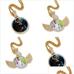 Pendant Necklaces Hip Hop Iced Out Custom Picture Necklace Rope Chain Charm Round With Shiny Wings Copper Zircon Jewellery Men Drop Deli Dhsrk