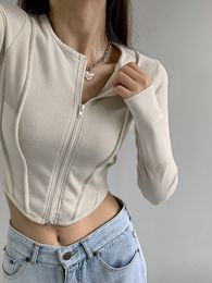 Womens Jackets Women Zip Up Crop Fitted Top With Curve Hem and Tapes Detail 230818