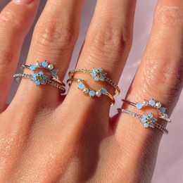 Wedding Rings Ins Vintage Blue Flower Ring For Women Gold-plated Copper Zircon Set Fashion Aesthetic Jewelry Gift