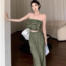 Women's Two Piece Pants Sexy Girls Clothing Sets Fashion Tierred Ruffles Tube Tops High Waist Casual Wide Leg 2Pcs Outfits Streetwear