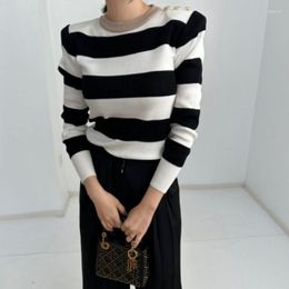 Women's Sweaters Korean Dongmen Spring Contrast Stripe Slim Shoulder Metal Buckle Backed Knitwear For Women