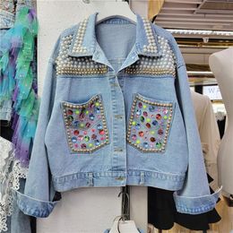 Womens Jackets Spring Autumn Denim Jacket Women Blue Coat Pearl Nail Color Diamond LongSleeved 230817