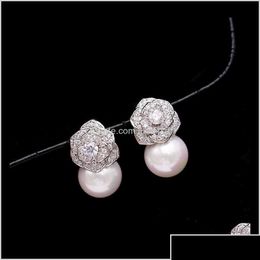 Stud Lovely Diamond Zircon Camillia Flower Pearl Earrings For Woman Girls Super Glittering Ins Fashion Luxury Designer 925 Sier Post C Dhbcn