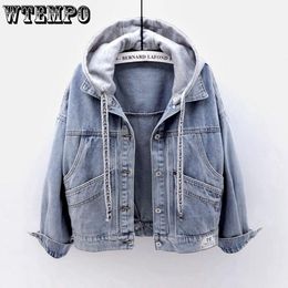 Women's Jackets WTEMPO Women Spliced Hoodie Drawstring Long Sleeve Denim Coat Button Down Hoody Blue Black Jean Spring Autumn Outwear 230817