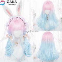 Synthetic Wigs GAKA Long Natural Curly Synthetic Hair Pink Gradient Blue/Purple Cosplay Wig With Bangs For Women HKD230818