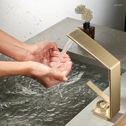 Bathroom Sink Faucets Brushed Gold Faucet Basin Grey Water Waterfall Tap