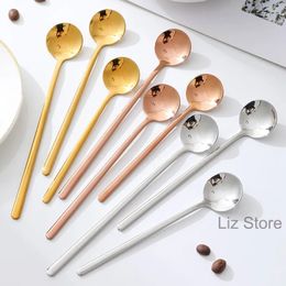 304 Stainless Steel Small Spoon Creative Coffee Stir Spoon Long Handled Honey Stir Scoop Ice Cream Round Spoon Kitchen Cutlery TH1071