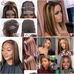 Lace Wigs Ls Hair P4/27 Short Bob Closure Wig Human Brazilian 4X4X1 T Part For Women Pre Plucked Remy Drop Delivery Products Dhpm0