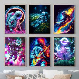 Cartoon Space Astronaut Canvas Painting Playing Guitar Skateboard Watercolour Posters Popular Modern Home Art Kawaii Kid Bedroom Decor No Frame Wo6