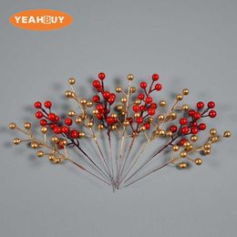 Decorative Flowers Wreaths 8Pcs Christmas Accessories Gold Red Berry Bean Twig Branch For DIY Xmas Handmade Flower Bouquet Decoration Artificial Flower HKD230818