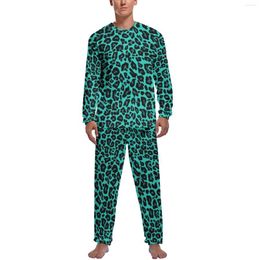 Men's Sleepwear Green Cheetah Spots Print Pyjamas Man Leopard Skin Christmas Gift Retro Long-Sleeve 2 Pieces Casual Design Set