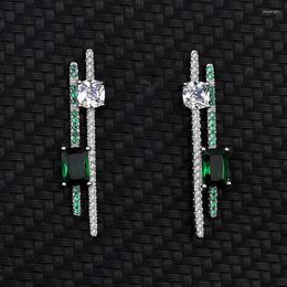 Stud Earrings Solid 925 Sterling Silver Diamond Bamboo Emerald Green Square Cubic Zirconia Wedding Earring Women Bridal Fine Jewellery