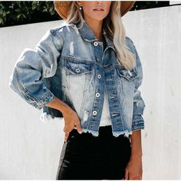 Women's Jackets Women's Jackets Women Harajuku Ripped Short Bomber Denim Vintage Y2k Fringed Coats Streetwear Loose Distressed Jeans Jacket Plus Size Z230818