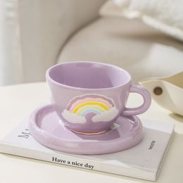 Mugs Japanese Creative Hand Painted Rainbow Coffee Cups and Saucers Underglazed Ceramic Handmade Irregular Tea Cup Set Home Tableware 230817
