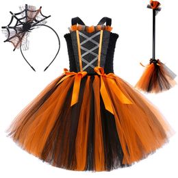 Cosplay Black Orange Witch Costumes for Girls Kids Carnival Halloween Fancy Dress Spider Tutu Outfit with Magic Broom Bow Child Clothes 230817