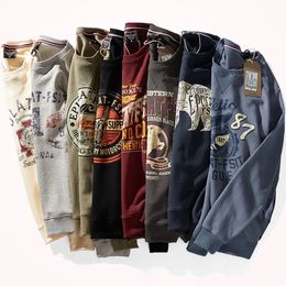 Men's Hoodies Sweatshirts American Retro Terry Printed Hoodies Men's Pure Cotton Washed Old Round Neck Pullover Knitted Long-sleeved Casual Sweatshirts 230817