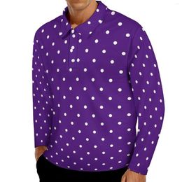 Men's Polos Polka Dots Casual T-Shirts Male Purple And White Long Sleeve Polo Shirts Turn Down Collar Stylish Autumn Graphic Shirt Plus Size