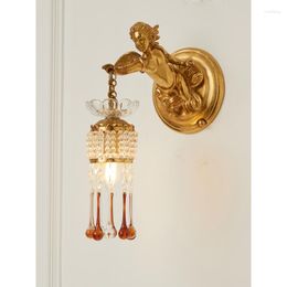 Wall Lamp French All Copper European Luxury Crystal Sconce Bedroom Bedside Villa Angel Classical Pendant
