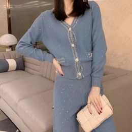 Women Knitted Casual Coat Pants Diamond Button Long Sleeve Cardigan Jacket Wide Leg Pants Blouse Set