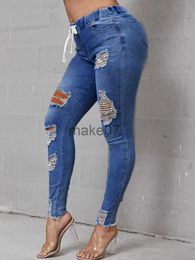 Women's Jeans Plus Size HighWaist High Stretchy Ripped Distressed Jeans Denim Casual Solid Basic Women Elastic Waist Daily Trousers J230818