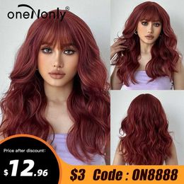 Synthetic Wigs oneNonly Dark Red Wigs with Bangs Long Wave Synthetic Wig High Quality Cosplay Lolita Women Wigs Natural Hair Heat Resistant HKD230818