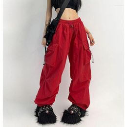 Women's Pants Streetwear Cargo Pant Women Loose Drawstring Straight High Waist Casual Red Hip Hop Female Pocket Dance Trousers