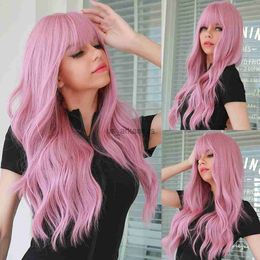 Synthetic Wigs oneNonly Long Pink Wig with Bangs Natural Wave Heat Resistant Wavy Hair Synthetic Wigs for Women Lolita Cosplay HKD230818