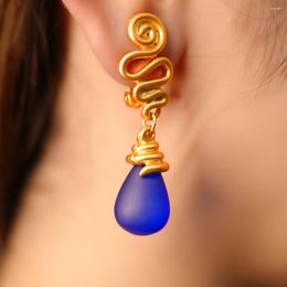 Dangle Earrings Vintage Blue Waterdrop Glass Large Drop Matte Brass Metal For Without Pierced Women Jewellery France Geometric 2023