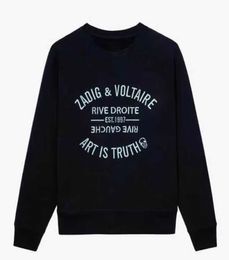 Zadig Voltaire Tasarımcısı Hoodie ZV Külot Kadınlar Siyah Klasik Mektup Nakış Pamuk Beyaz Gevşek Sweater