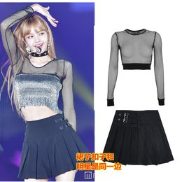 Two Piece Dress Kpop Korean Celebrity Sexy Sequin Sling Vest Perspective Mesh Tshirts TopsBlack Slim High Waist ALine Mini Skirts Women Sets 230817