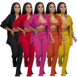 Women's Two Piece Pants 3 Sexy Bra Knitted Sets Women Long Sleeve Single Breasted Top And Bottom Slit Winter Spring Tracksuit