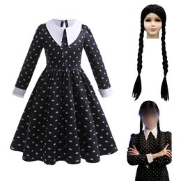 코스프레 걸스 수요일 코스프레 카니발 의상 빈티지 검은 고딕 복장 할로윈 의류 어린이 3-12 년 동안 칼라 드레스 인쇄 230818