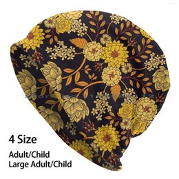 Berets Yellow Orange & Navy Blue Dark Floral Pattern Beanies Knit Hat Flower Leaves Plants Botanical