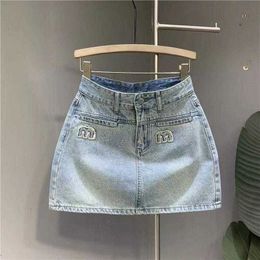 Юбка Дизайнерские женские юбки с поясом и высокой талией. Мини-юбка с разрезом для женщин. Летние корейские джинсовые джинсы. Женская синяя уличная одежда Haruku Vintage B4y1 #