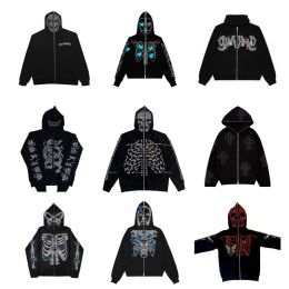 Autumn Men's and Women's Couple Hoodie Rhinestone Hoodie Skeleton Black Hoodie Zip Up Y2k Sweatshirt Sports Coat Pullover Gothic Long Sleeve Pattern Hip Hop Hoodie