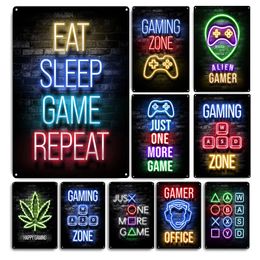 Neon Games Metal Signs Gaming Zone Tin Sign Game Center Tin Plaque Metal Plate Just One More Game Tin Poster Metal Sticker for Man Cave Home Decoration 30X20CM w01