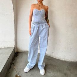 Women's Two Piece Pants Young Ladies' Summer Clothes Sell Sleeveless Off-the-shoulder Fashion Sexy Temperament Tight Denim Trousers Suit.