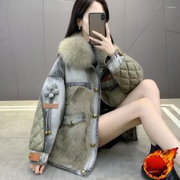 Women's Fur 2023 Denim Parka Women High Quality Cowboy Patchwork Coat Down Cotton Jacket Single-breasted Long Sleeve Luxury Clothing