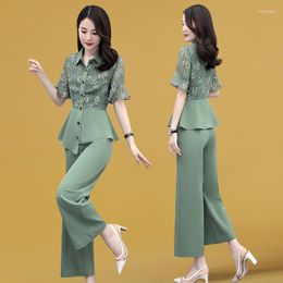 Women's Two Piece Pants Set Of Women Small Stature 2023 Summer Short Sleeve Blouse Fashion Wide Leg Two-piece Female
