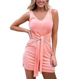 Casual Dresses Women's V Neck Belt Ribbed Sundress Solid Colour Short Style Belted Waist Dress