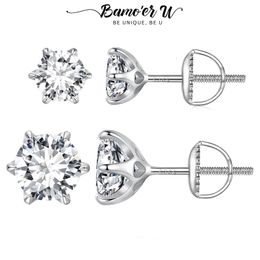 Charm U 2CT Ear Stud Heart Hollow Earrings Six Crown Claws Round Cut Lab Diamond Platinum Plated for Women Wedding 230817