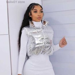 Women's Vests Silver Gilding Parkas Vest 2022 Winter Women Puffy Stand Collar Sleeveless Zipper Cropped Cotton Padded Jackets Bread Coat T230817