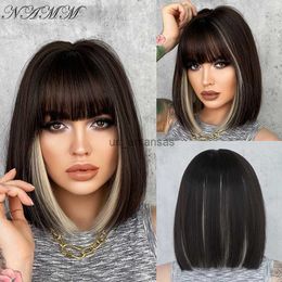 Synthetic Wigs NAMM Natural Black with Ash Blonde Highlight Colour Short Straight Bob Wigs Women Synthetic Wig Bangs Cosplay Hair Heat Resistant HKD230818