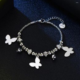 Charm Bracelets Cute Butterfly Multi Beads Popcorn Chain Stainless Steel For Woman Silver Colour Rhinestone Charms Jewellery Wholesale