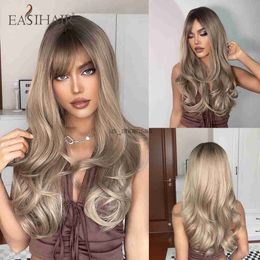 Synthetic Wigs EASIHAIR Long Wavy Blonde Ombre Wigs with Bangs Heat Resistant Synthetic Wigs for Women Brown Root Natural Wig Cosplay Hair HKD230818