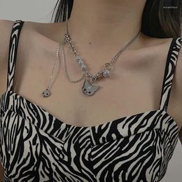 Chains Dark Hip-hop Titanium Steel Non-fading Girl Necklace Kitten With Skull And Reflective Pearl Panelled Collarbone Chain